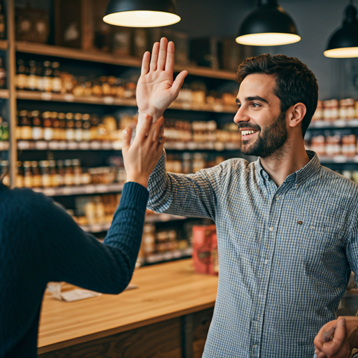 Glad butiksejer giver en kunde en high five