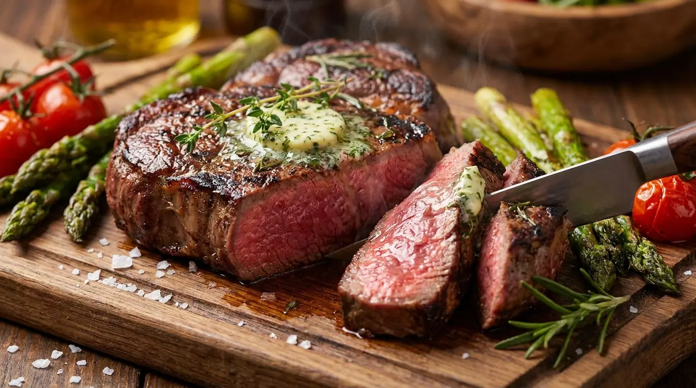 Produktbillede af grillet ribeye med krydderurtesmør på træbræt